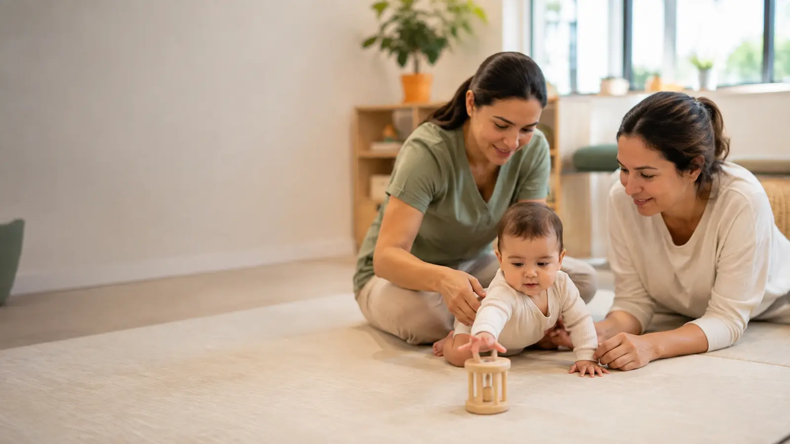 Bebê praticando alcance seguro com apoio da mãe e de profissional