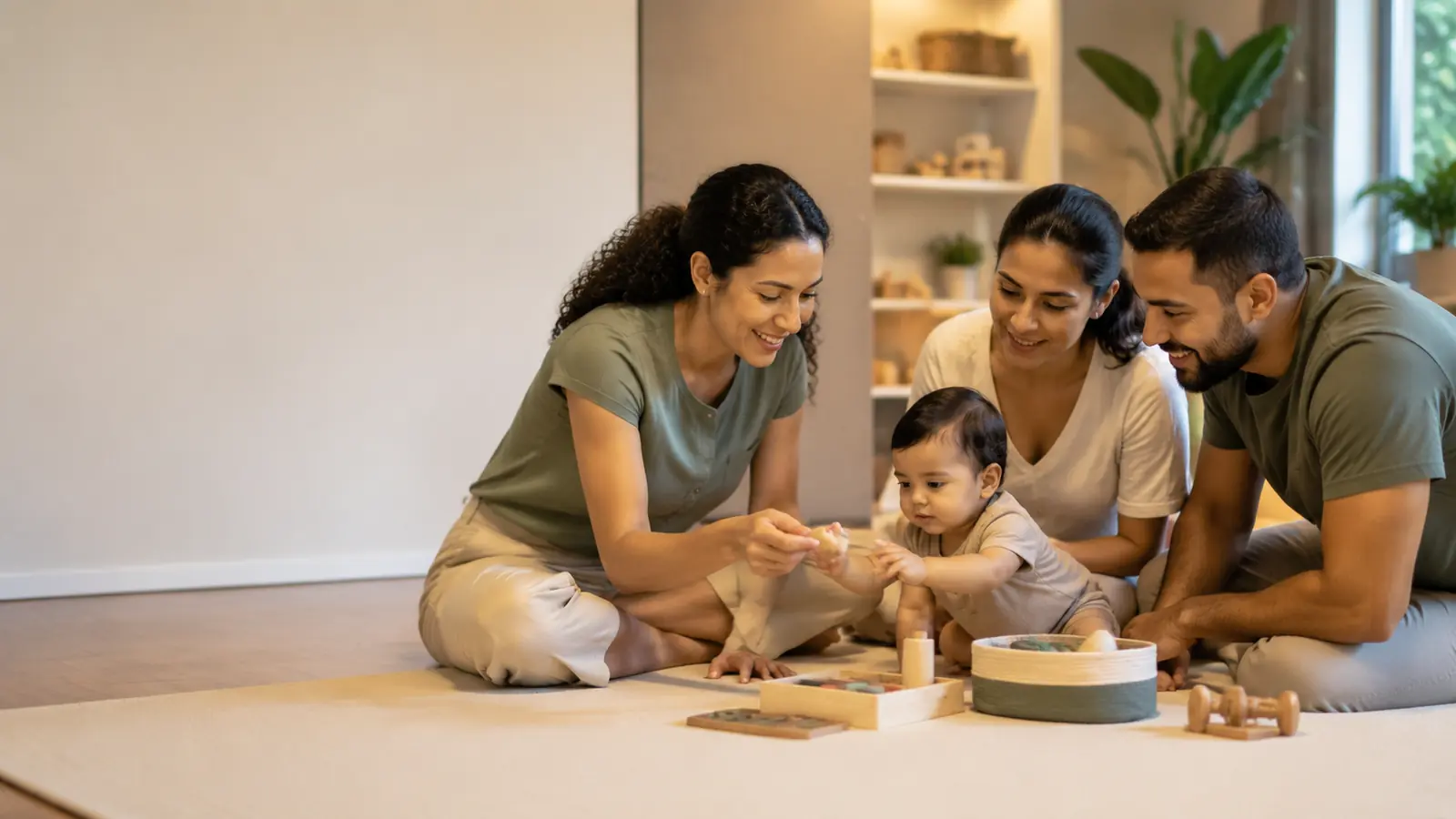 Família recebendo orientação para brincadeira e desenvolvimento do bebê
