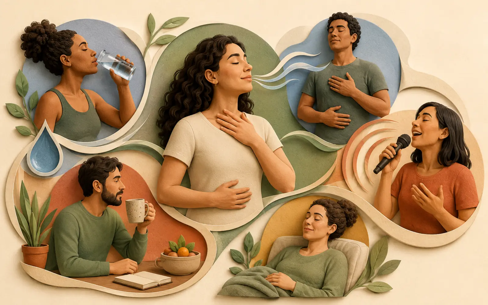 Mapa visual de cuidados e componentes da saúde vocal