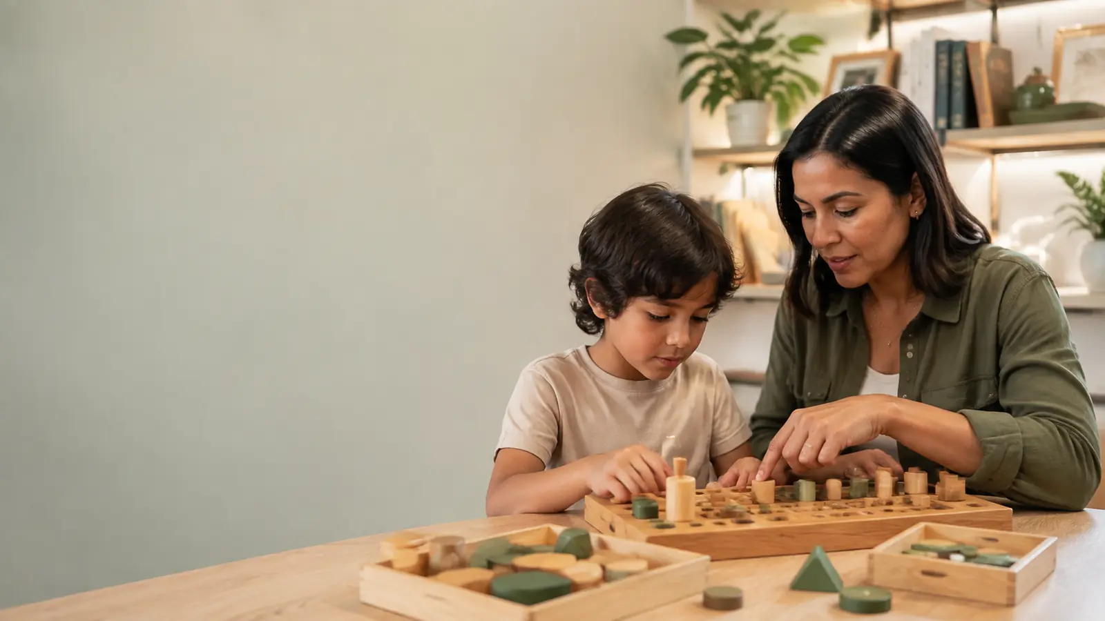 Criança utilizando materiais concretos em atividade de matemática com psicopedagoga