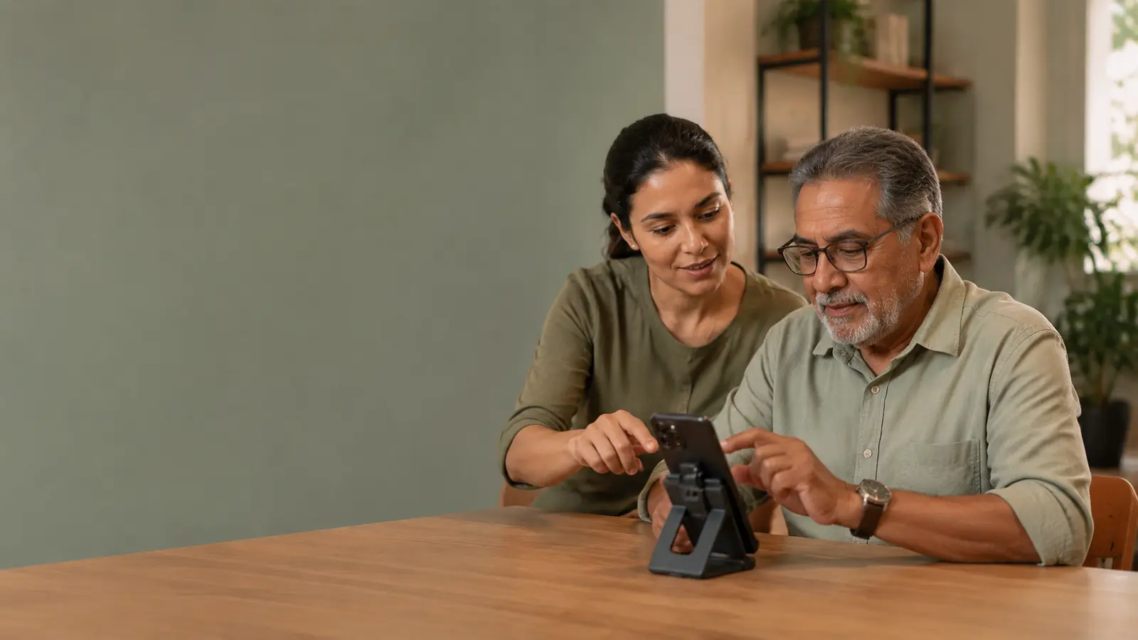 Homem idoso utilizando tecnologia em atividade de autonomia com terapeuta ocupacional