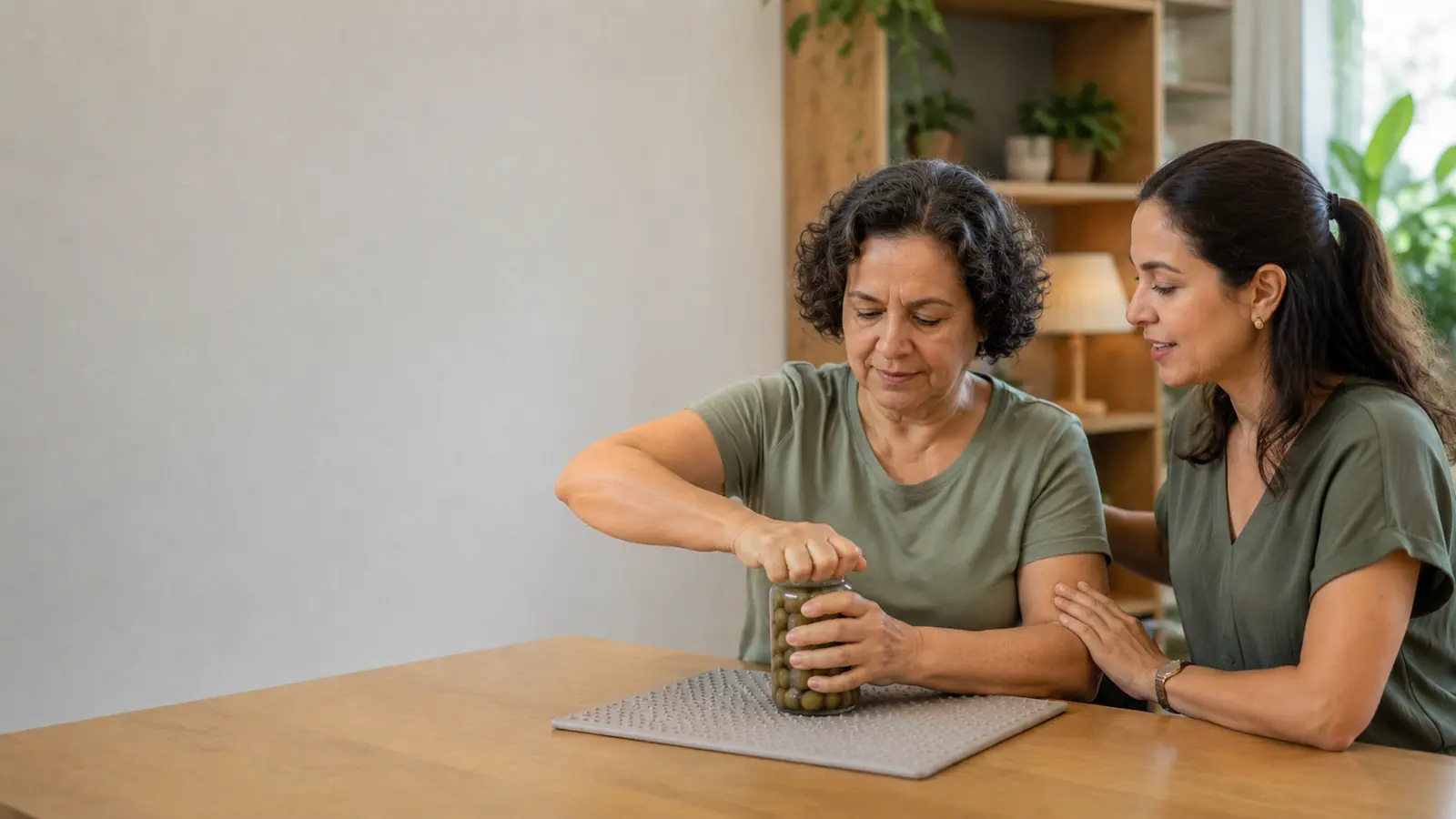Mulher praticando abertura de recipiente em atividade de reabilitação da mão com terapeuta ocupacional