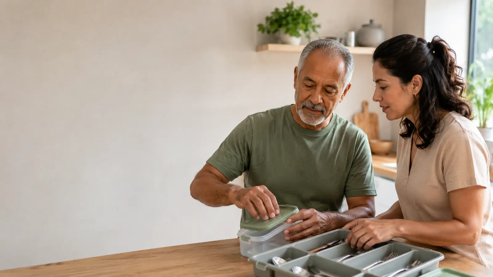 Homem praticando preensão e organização de utensílios com terapeuta ocupacional