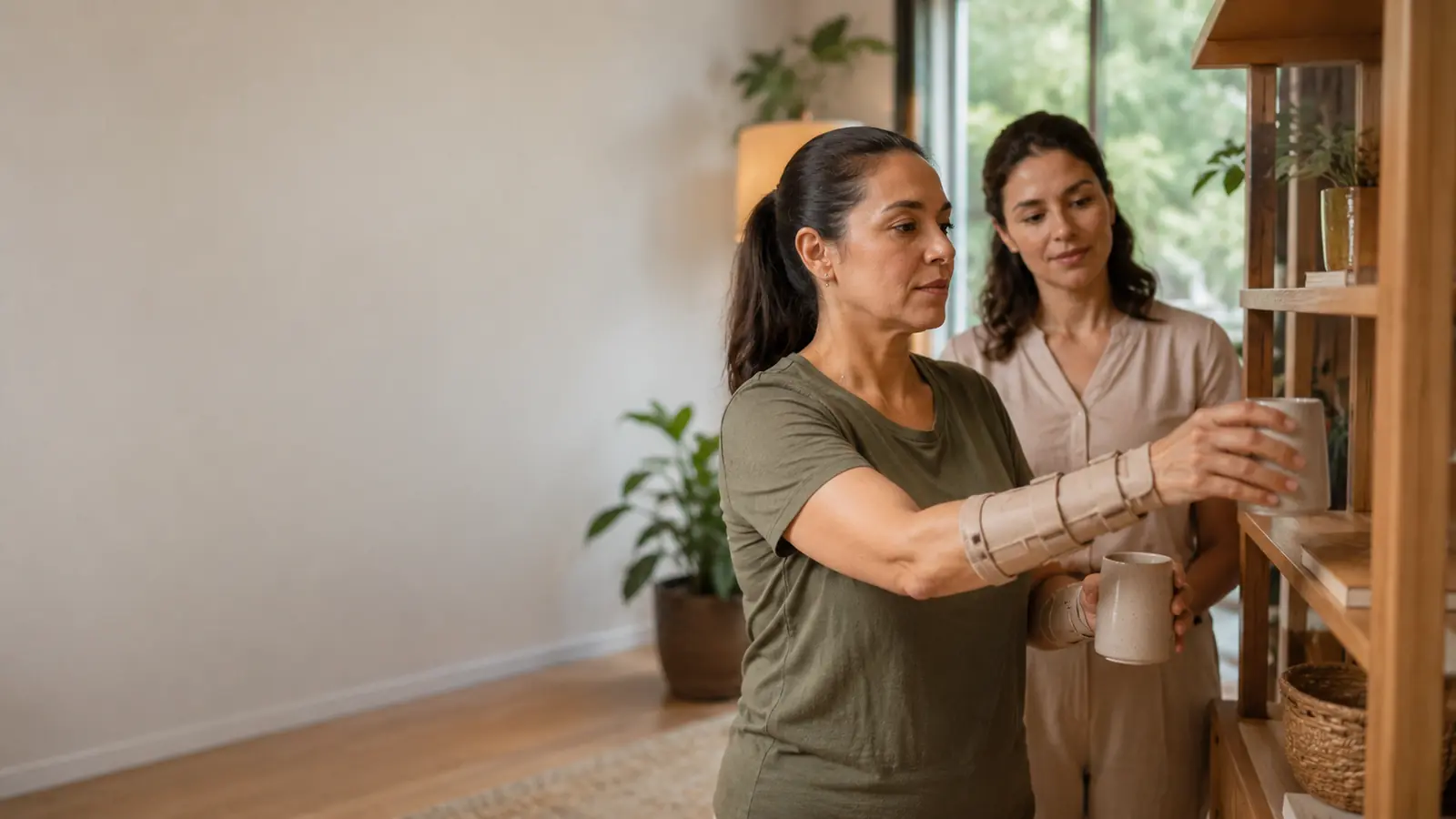 Mulher praticando alcance funcional após fratura de membro superior com terapeuta ocupacional