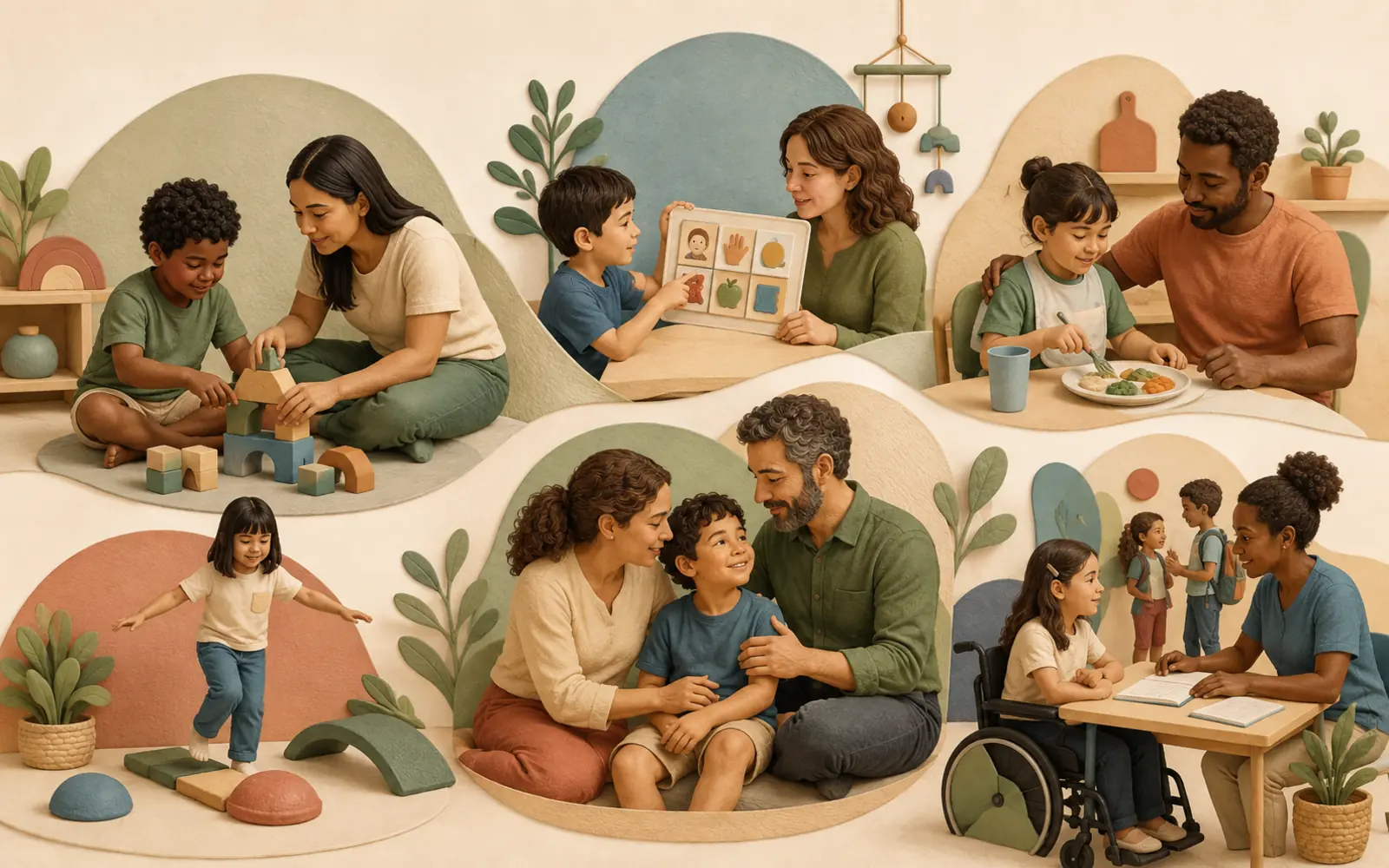 Ilustração sobre participação e atividades cotidianas na síndrome de Angelman