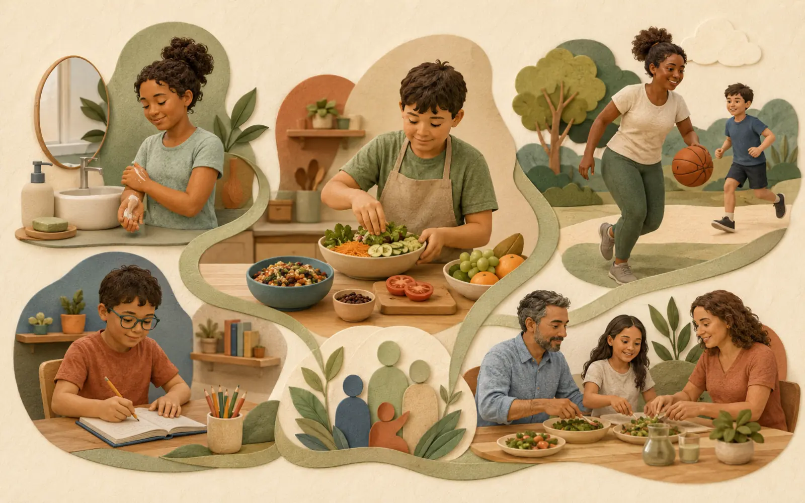 Ilustração sobre rotina, autonomia e participação na síndrome de Prader-Willi