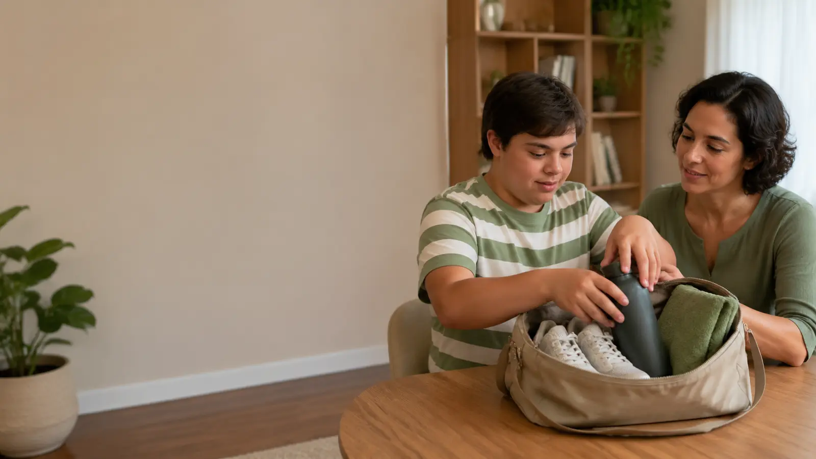 Adolescente com Síndrome de Prader-Willi organizando materiais de rotina com terapeuta ocupacional
