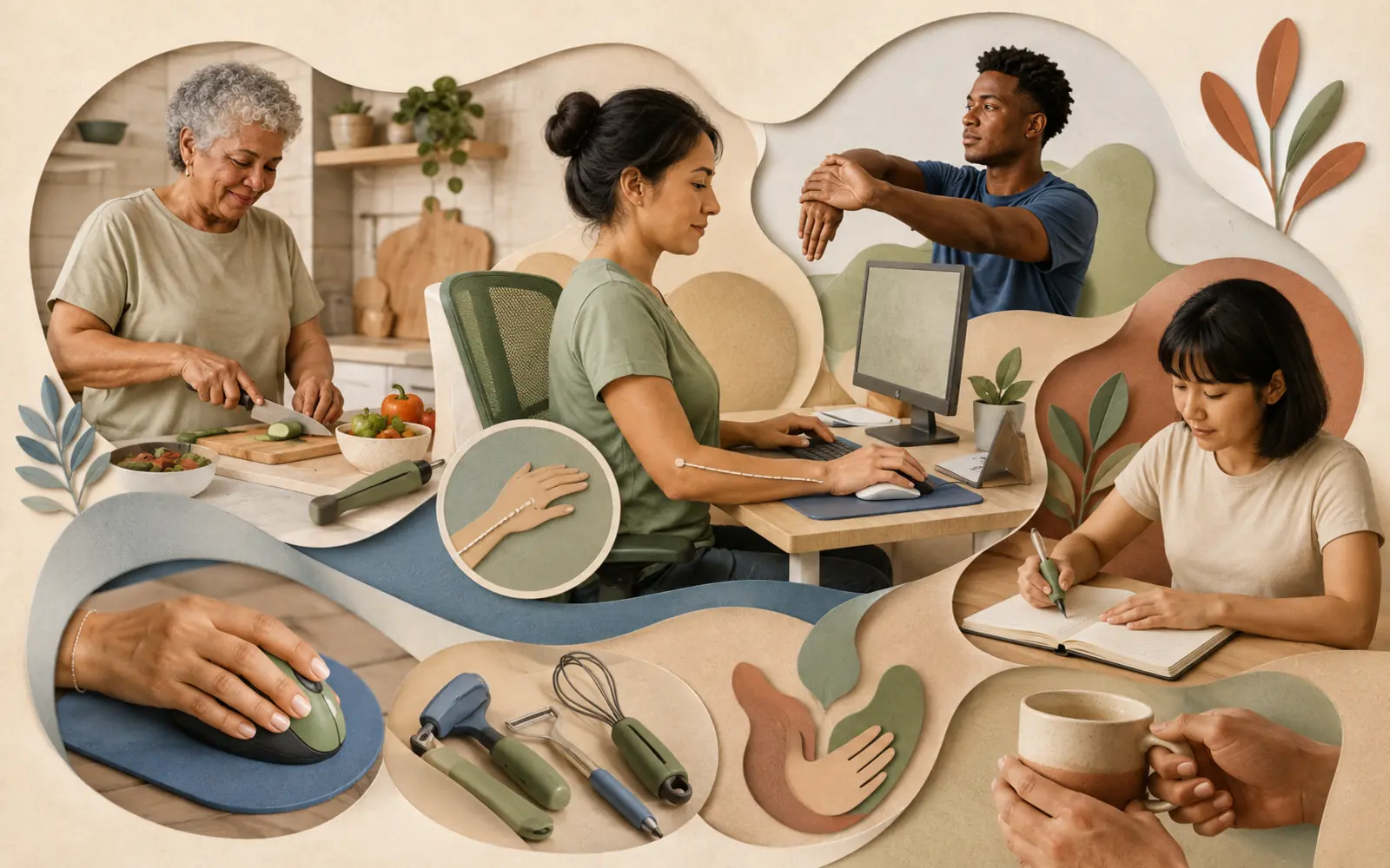 Ilustração sobre ergonomia e proteção das mãos na síndrome do túnel do carpo